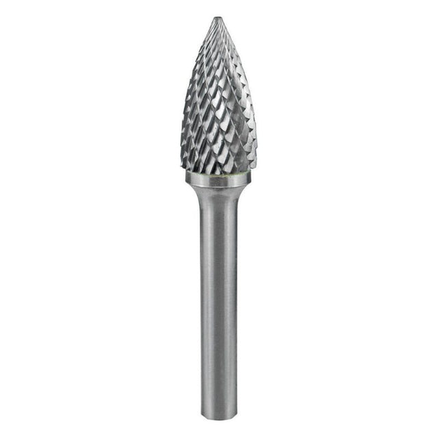 Carbide burr with tree shape and pointed end, ideal for shaping metal, wood, and plastics with precision.