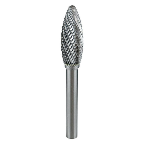 High-quality 3/8 x 1in flame-shaped carbide burr for precision shaping, grinding, and deburring in metalwork.