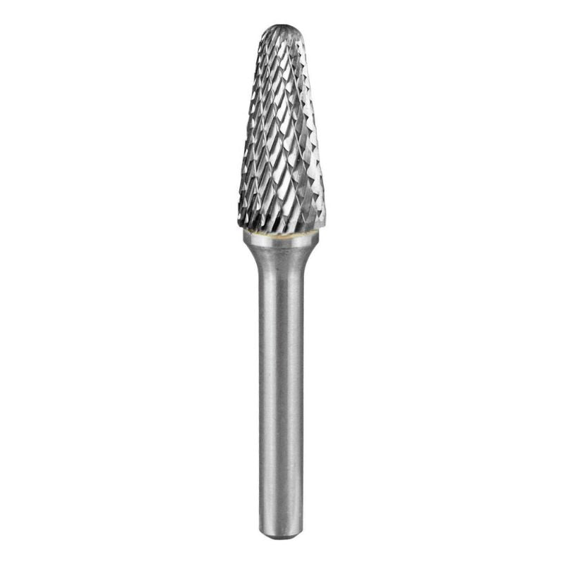 Tapered radius carbide burr for precision cutting in metalworking, woodworking, and crafting tasks.