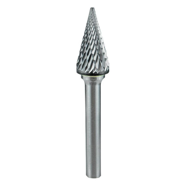 Carbide burr with 1/4" head, 3/4" flute, cone shape, ideal for cutting ferrous metals with double cut geometry.