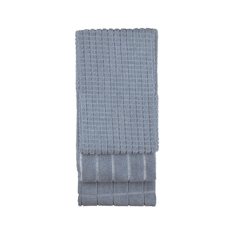 Three-piece blue microfibre kitchen towel set featuring chic stripe, large check, and small check patterns, measuring 50 x 80 cm.