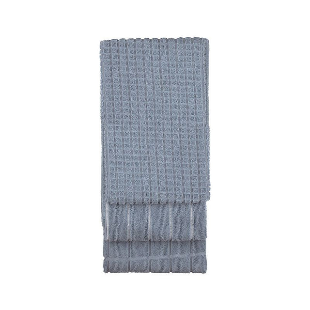 Three-piece blue microfibre kitchen towel set featuring chic stripe, large check, and small check patterns, measuring 50 x 80 cm.