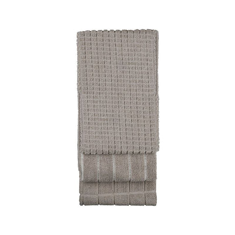 Three grey microfibre kitchen towels featuring stripe, large check, and small check designs, 50 x 80 cm, super absorbent.