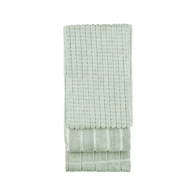 Microfibre 3pc Kitchen Towel Set in sage green featuring chic stripe, large check, and small check designs, 50 x 80 cm.