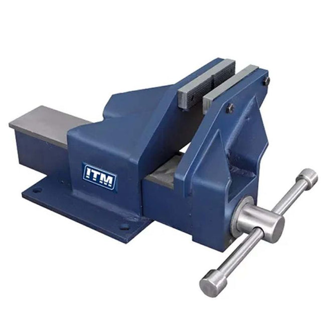 ITM Fabricated Steel Bench Vice with Offset Jaw - 125mm, featuring durable steel, precision jaws, and smooth operation for heavy-duty use.