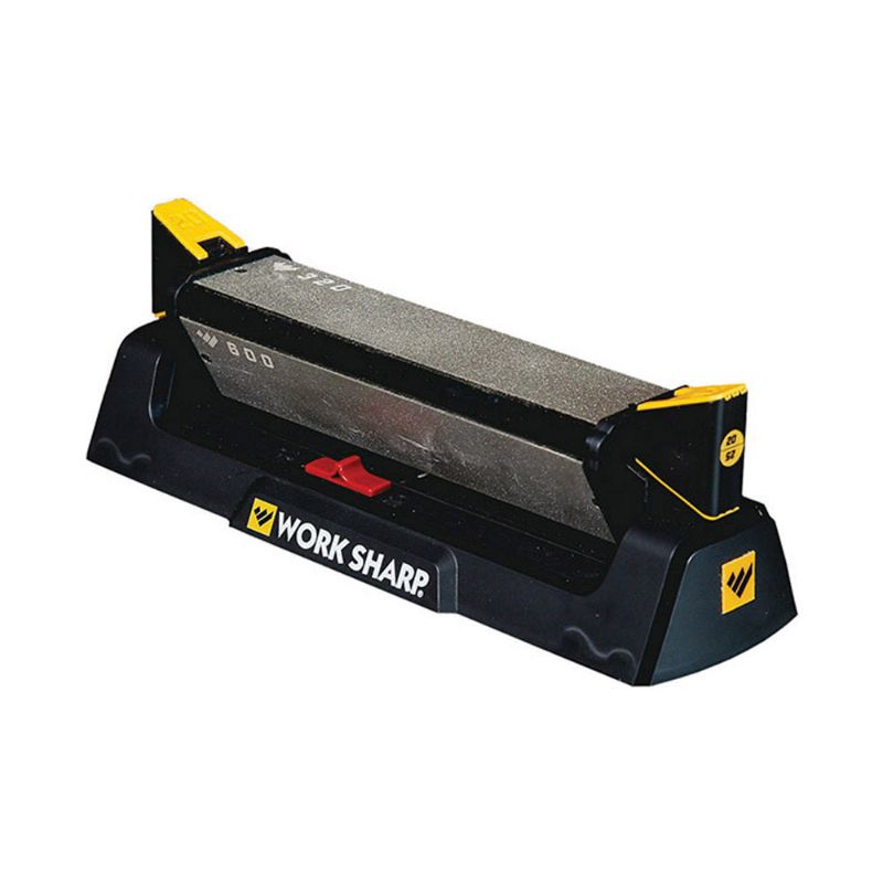 Worksharp Benchstone Sharpener: a tri-brasive tool with angle guides for quick, precise knife sharpening.