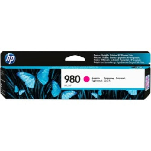 Magenta HP 980 Original Ink Cartridge for vibrant prints, yields 6,600 pages, compatible with Officejet Enterprise printers.