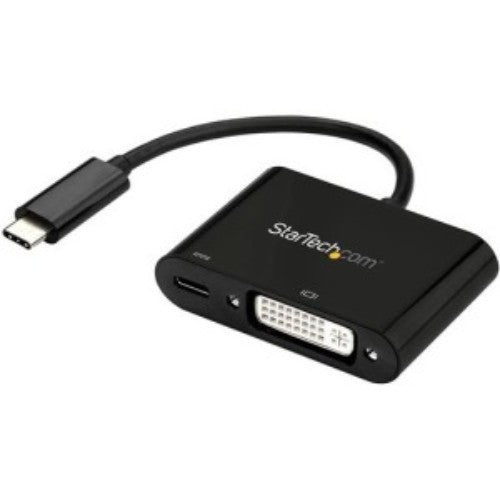 USB-C to DVI adapter enabling video display connection and laptop charging, featuring a compact design for portability.