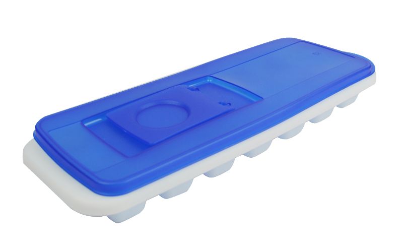 Avanti ice cube tray with pour through lid, holds 14 cups, spill-proof design, BPA-free, stackable for easy storage.