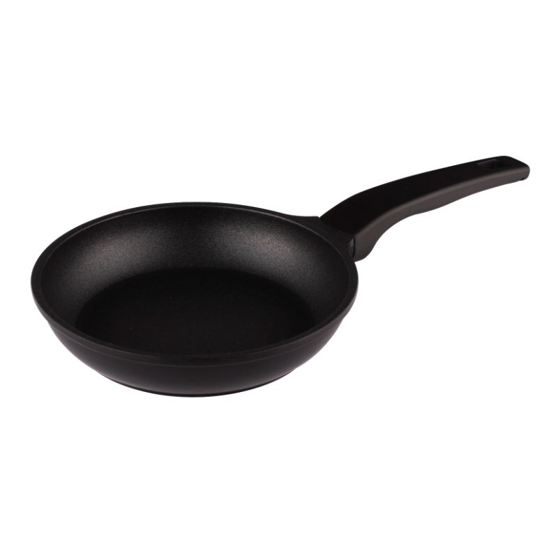 Compact 14cm black mini frypan with non-stick surface, ideal for quick meals and efficient cooking. Perfect for small servings.