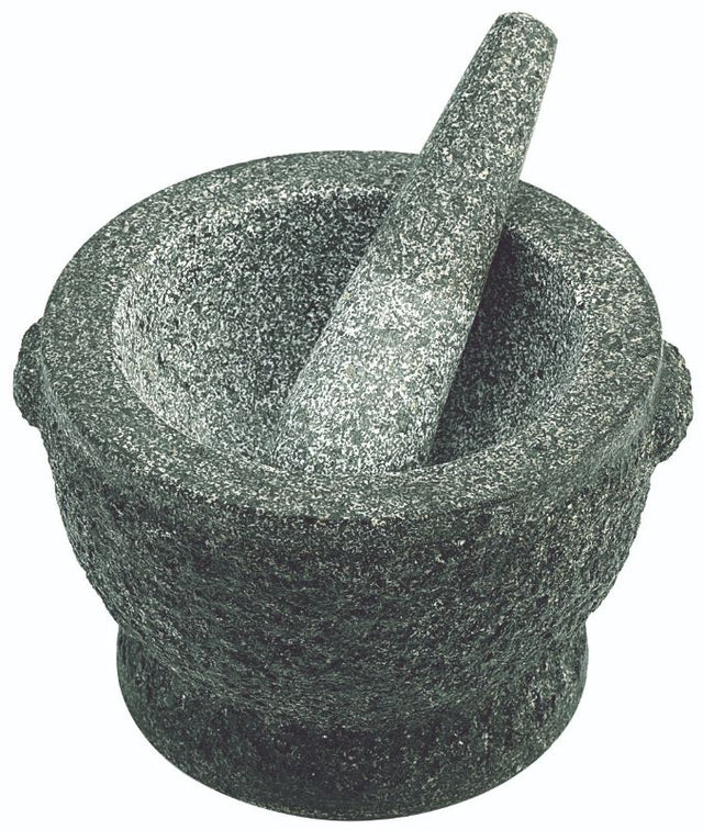 Rough green granite mortar and pestle, 20cm, ideal for grinding herbs and spices, blending elegance with functionality.
