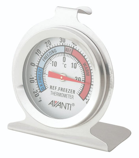 Stainless steel thermometer with large glass display, monitoring fridge temperatures from -29°C to 27°C for food safety.