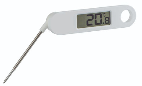 Compact digital kitchen thermometer with a foldable stainless steel probe for accurate meat temperature readings.