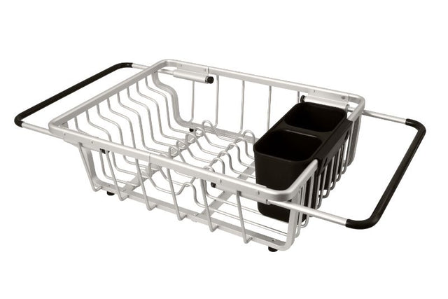 Avanti Expandable In Sink Dish Rack, a stainless steel solution for drying dishes in compact kitchens with expandable handles and cutlery holder.