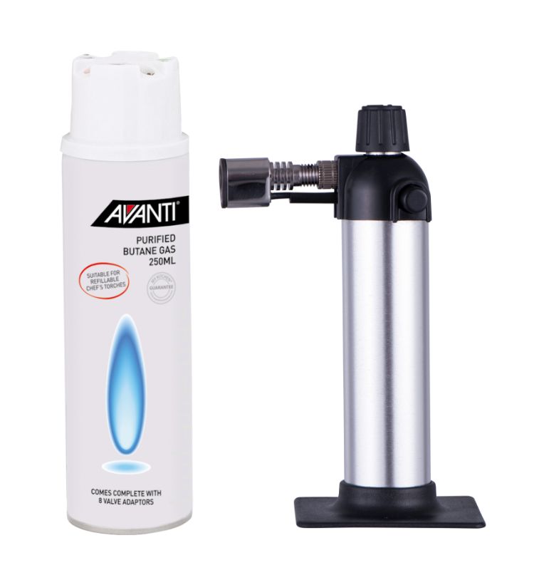 Avanti Cook's Torch with Gas, perfect for caramelizing desserts and grilling, includes a 250ml butane gas cylinder for immediate use.