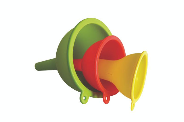 Set of 3 colorful silicone funnels, hygienic, heat resistant up to 240°C, perfect for easy pouring and kitchen organization.