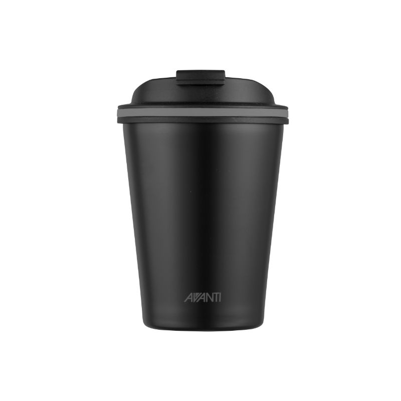 Sleek black Avanti Go Cup 280ml, double insulated for 16-hour cold and 8-hour hot beverages, perfect for travel.