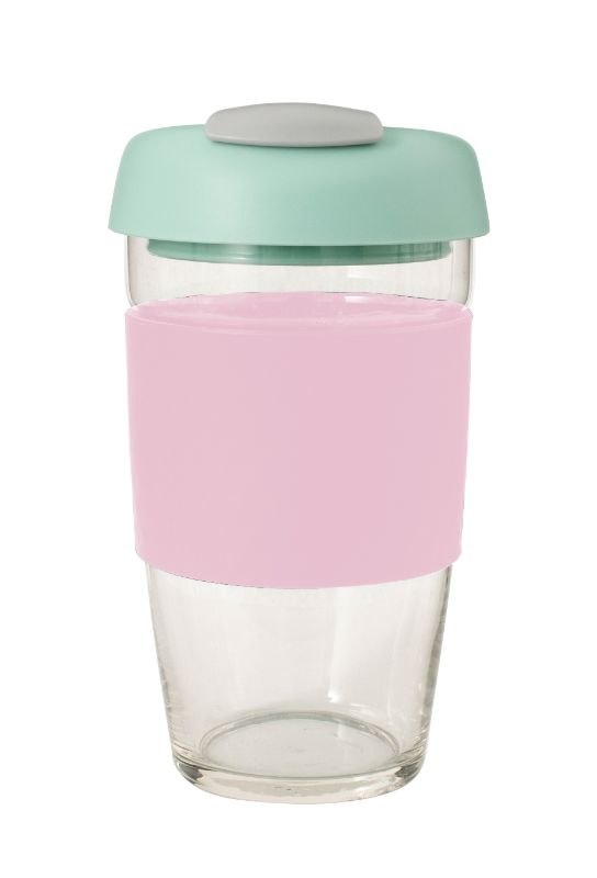 Avanti Glass GoCup Travel Mug in Pink, Mint, and Grey, 473ml, stylish and durable with a spill-proof lid and silicone sleeve.