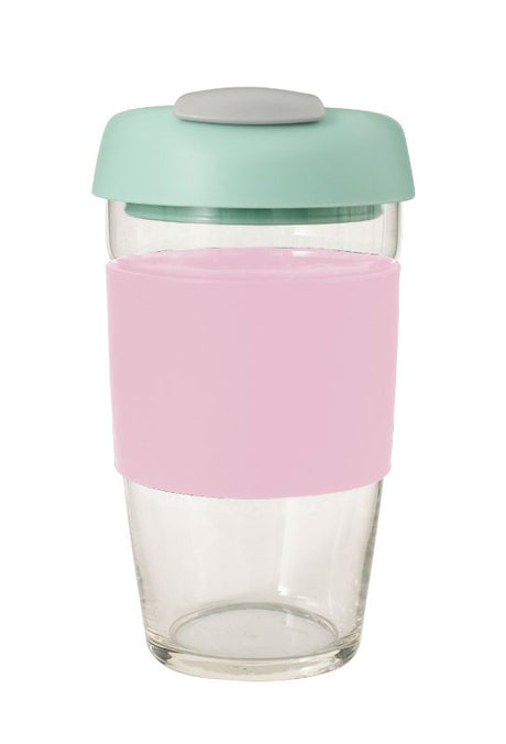 Avanti Glass GoCup Travel Mug in Pink, Mint, and Grey, 473ml, stylish and durable with a spill-proof lid and silicone sleeve.