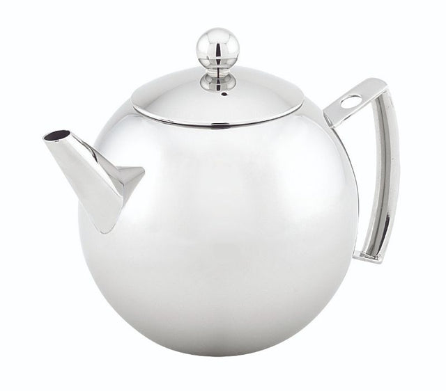 Mondo Tea Pot 900ml in stainless steel with mirror finish and fine mesh strainer, brews 6 cups for elegant tea moments.