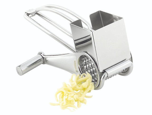 Lifestyle Rotary Cheese Grater in stainless steel with squeeze handle for easy cheese shredding and portion control.