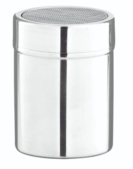 Avanti stainless steel shaker with a mesh top for mess-free sifting of cocoa, flour, and more in baking and cooking.