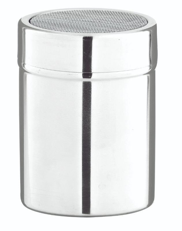 Avanti stainless steel shaker with a mesh top for mess-free sifting of cocoa, flour, and more in baking and cooking.