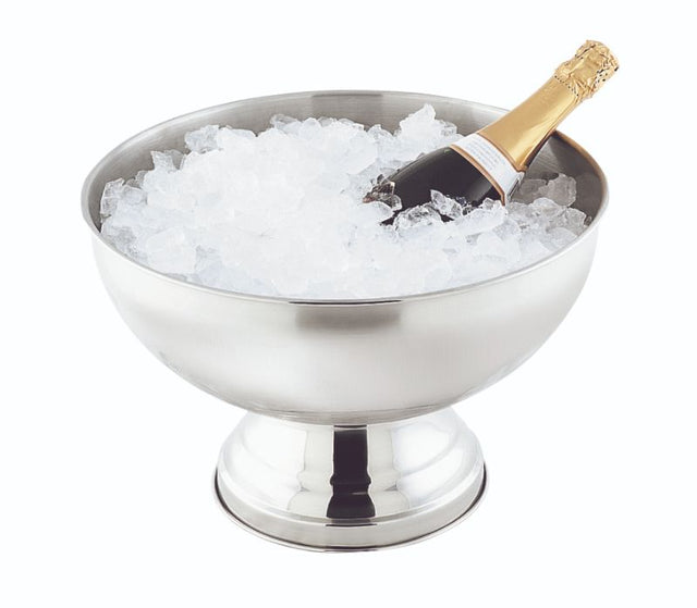 Sleek stainless steel champagne and punch bowl, 35cm wide, 23cm tall, perfect for chilled drinks at gatherings.