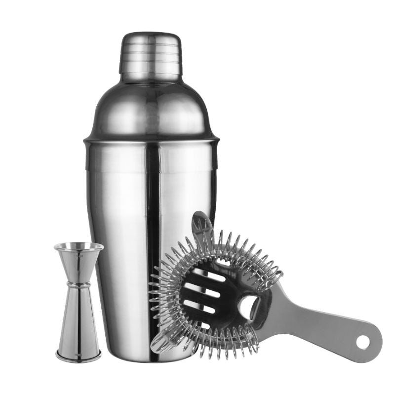 Avanti Cocktail Set featuring a stainless steel shaker, strainer, and 15/30 jigger for perfect cocktail mixing.