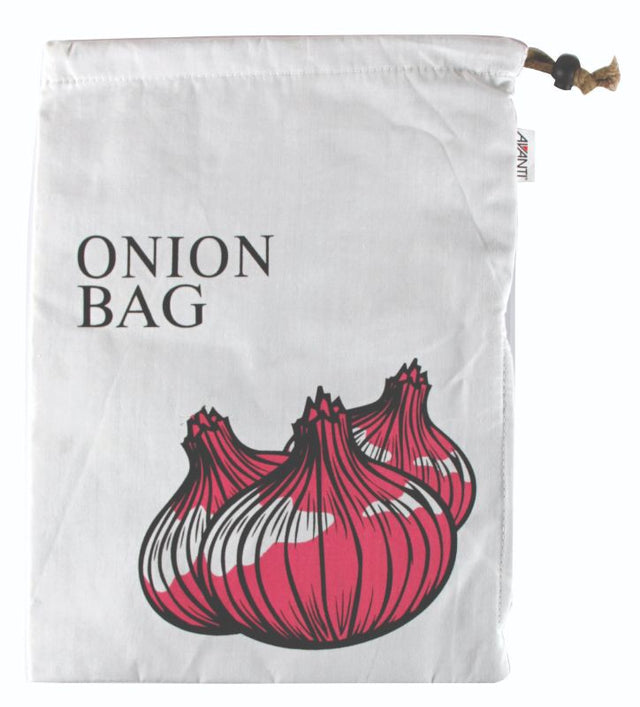 Avanti Onion Bag 27.5x38cm in breathable cotton, features zip and drawstring, keeps onions fresh and organized.