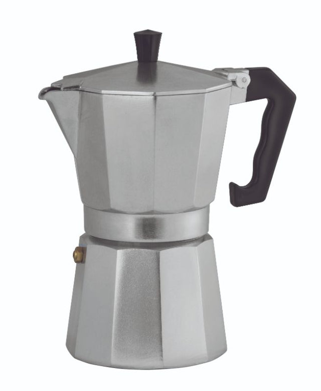 Avanti Classic Pro Espresso Maker for 3 cups, cast aluminum with matte finish, hinged lid, and ergonomic handle for easy brewing.