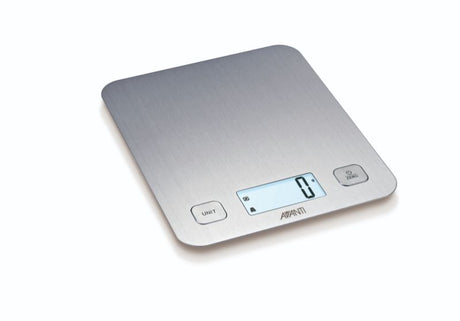 Avanti Slim Digital Kitchen Scale with stainless steel platform, measures up to 5kg, sleek design, perfect for precise cooking.