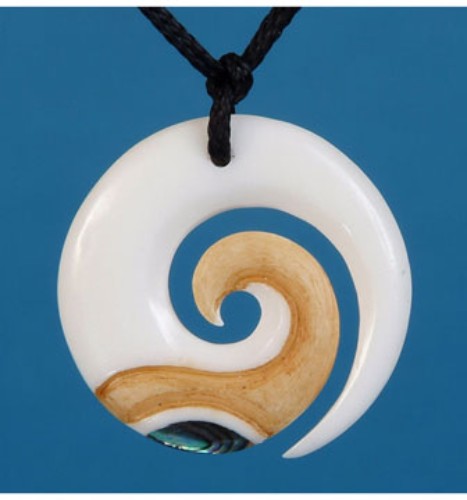 Bone Koru Stained Pendant featuring intricate Paua detailing, symbolizing growth and handcrafted uniqueness.
