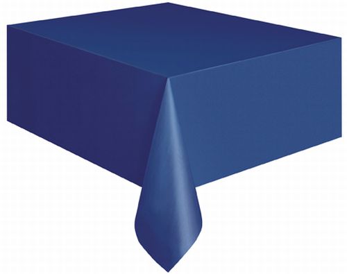 Dark blue plastic table cover, 54" x 108", durable for parties and everyday use, easy clean-up, fits banquet tables.