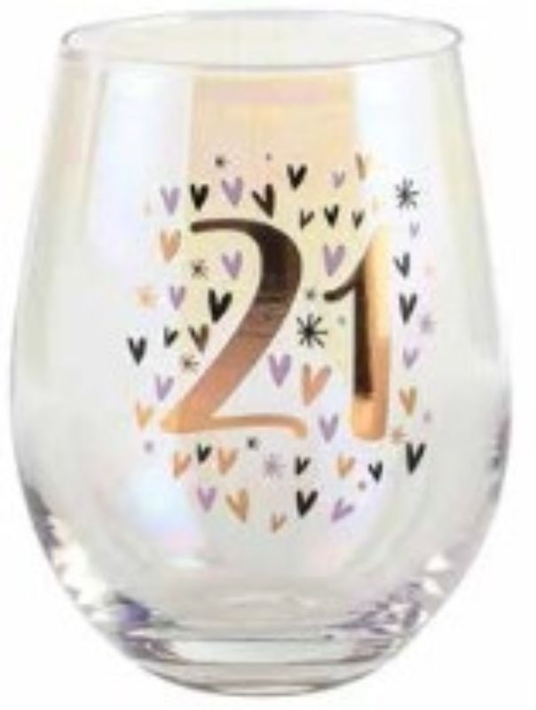 21st Rainbow Pastel Heart Stemless Wine Glass, 600ml, featuring vibrant colors and heart motifs for a stylish drinking experience.