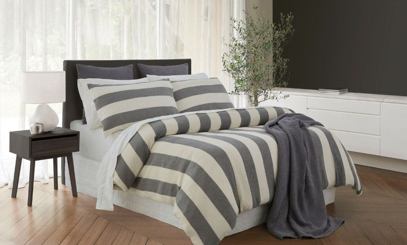 King duvet cover set with white and grey vertical stripes, made of soft gauze cotton, includes matching pillowcases.