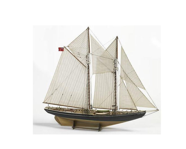 Wooden model kit of the 1/100 scale Bluenose II schooner, showcasing intricate craftsmanship and maritime heritage.