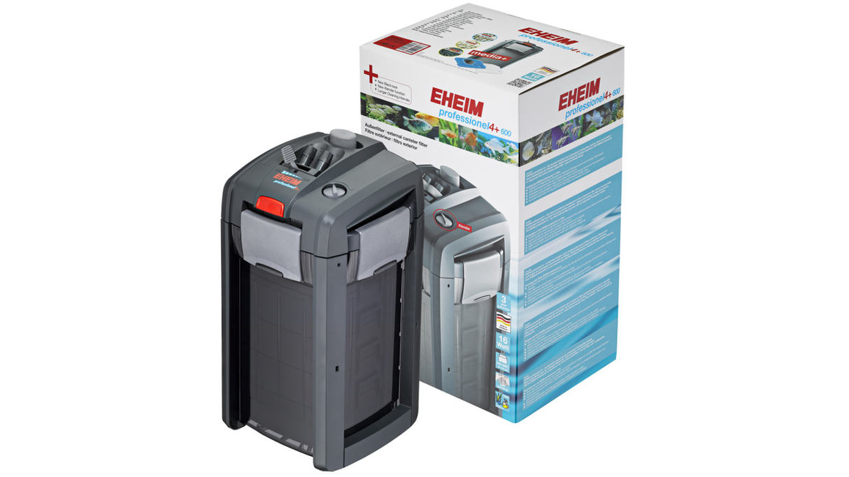 Eheim Professionel 4+ Filter for aquariums up to 600L with adjustable flow and self-priming features in sleek black design.