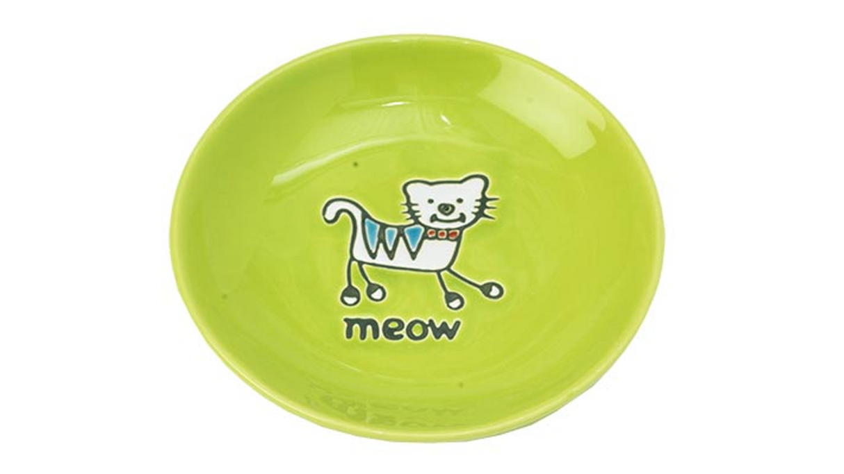 Lime green 13cm cat saucer featuring a playful design, perfect for feeding cats with 75ml capacity.