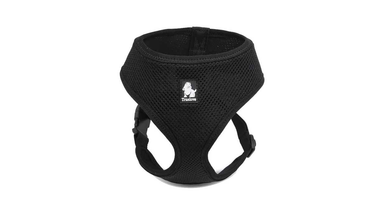 Lightweight black dog harness made of soft mesh for comfort, suitable for medium-sized dogs.