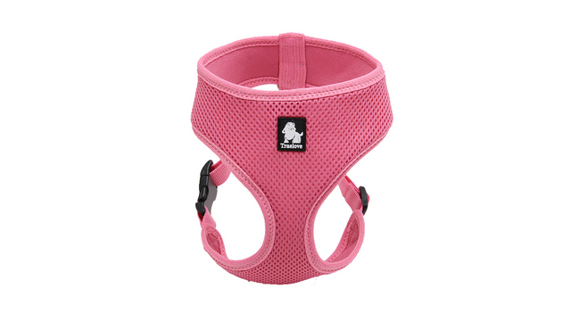 Soft pink mesh dog harness, breathable and comfortable, suitable for small dogs with various neck and chest sizes.