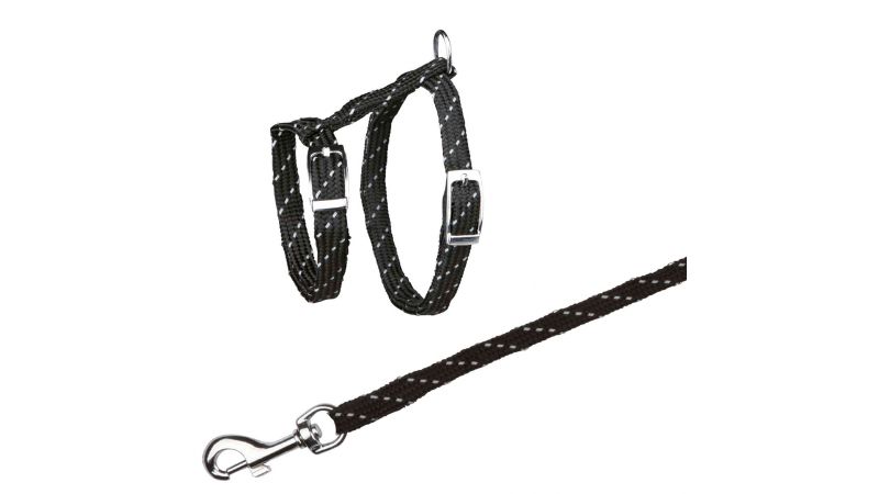 Reflective cat harness and lead set designed for safe outdoor adventures with your feline friend.