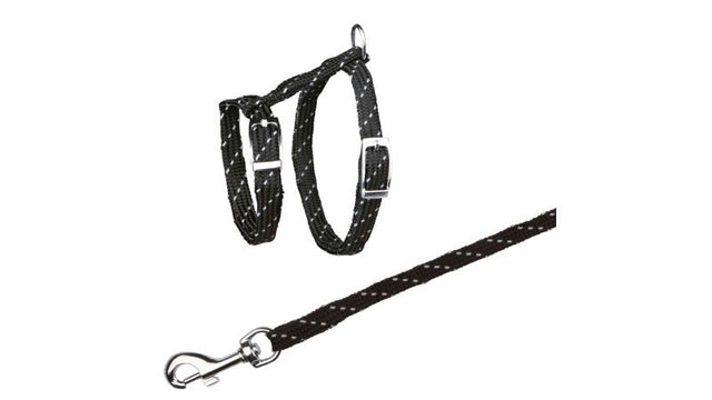 Reflective cat harness and lead set designed for safe outdoor adventures with your feline friend.
