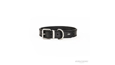 Luxe black leather dog collar for large breeds, with padded lining for comfort and brushed metal hardware for durability.