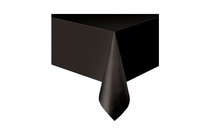 Black plastic table cover, 54" x 108", perfect for parties or everyday use, easy cleanup for large tables.