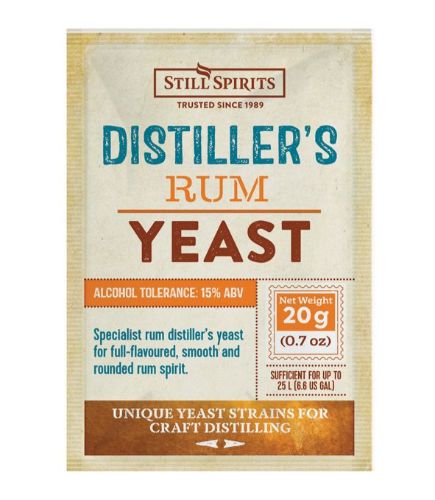 Still Spirits Distiller's Yeast for rum fermentation, 20g, suitable for 25L with 15% ABV tolerance.