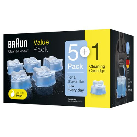 Braun Clean & Charge Renew value pack with 5 refills plus 1 free, designed for mess-free razor cleaning and lubrication.