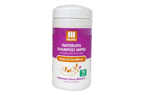 Dog and cat shampoo wipes infused with Japanese cherry blossom, safe, paraben-free, and waterless for a healthy coat.