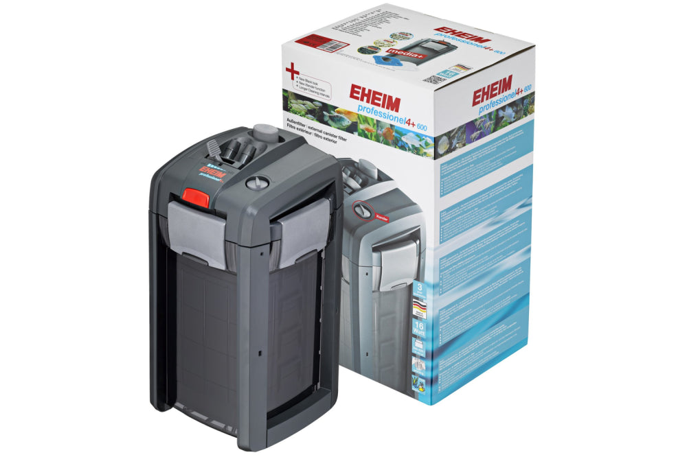 Eheim Professionel 4+ Filter 600 with black canister, self-priming feature, adjustable flow, and 1250L/hr output for aquariums.