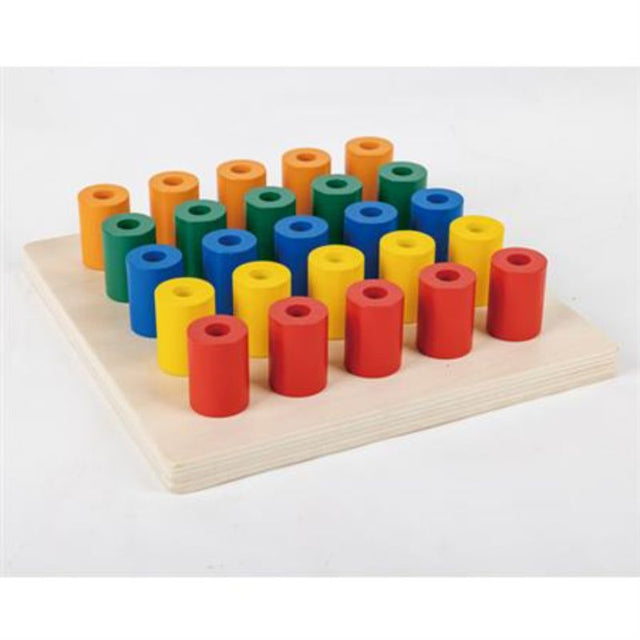 Colorful wooden peg board with 25 pegs for fine motor skill development and color recognition in children aged 3 and up.